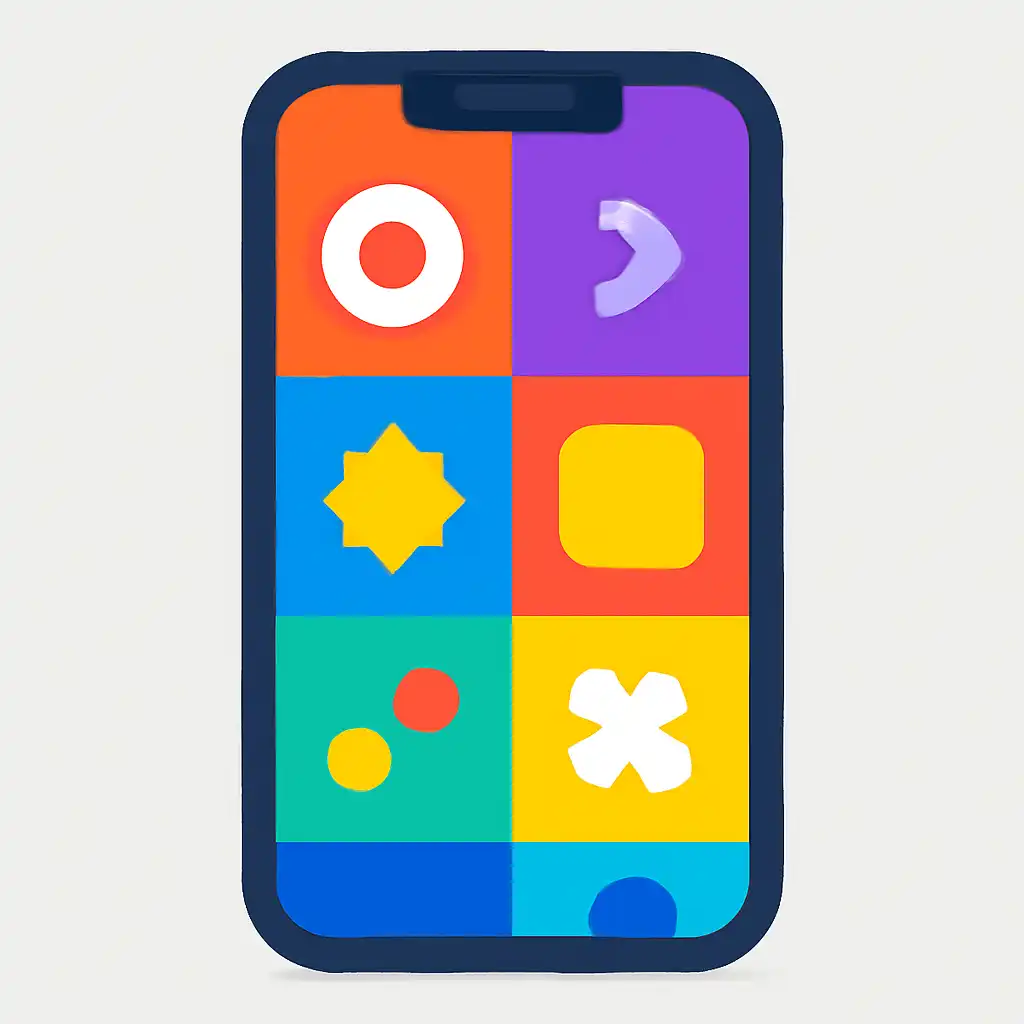 Smartphone shown from the front displaying a colourful flat layout of abstract game icons and rounded tiles, Crazy Time