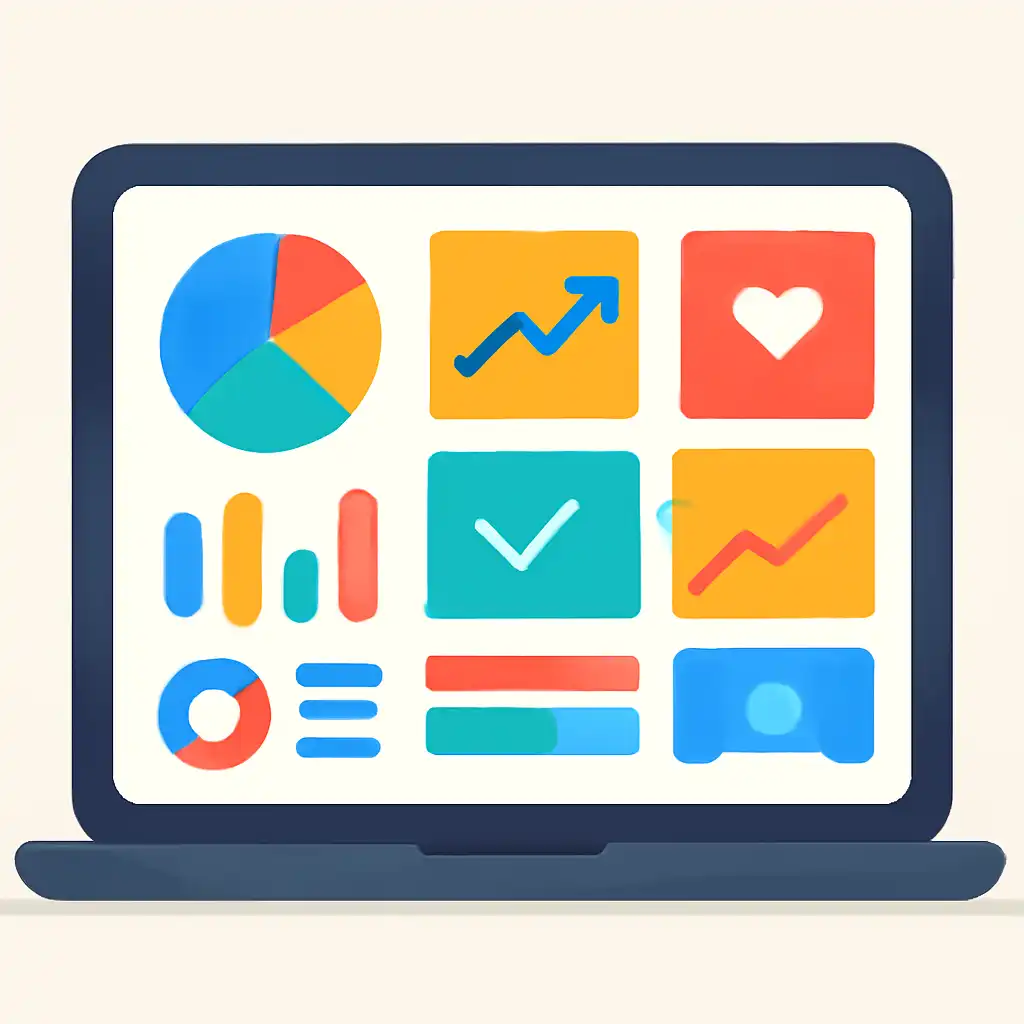 Laptop shown from the front displaying a colourful flat dashboard of abstract charts, bars and icon tiles, Crazy Time