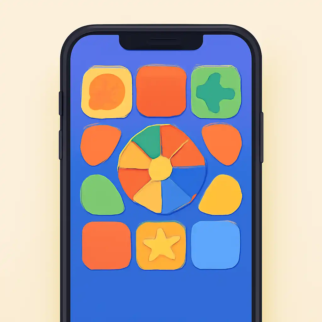 Smartphone shown from the front displaying a colourful flat layout of abstract game icons and rounded tiles, Reading the