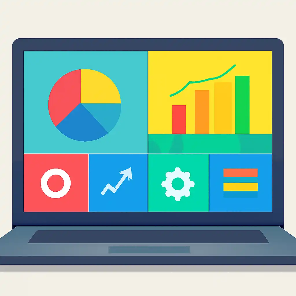 Laptop shown from the front displaying a colourful flat dashboard of abstract charts, bars and icon tiles, Reading the Live