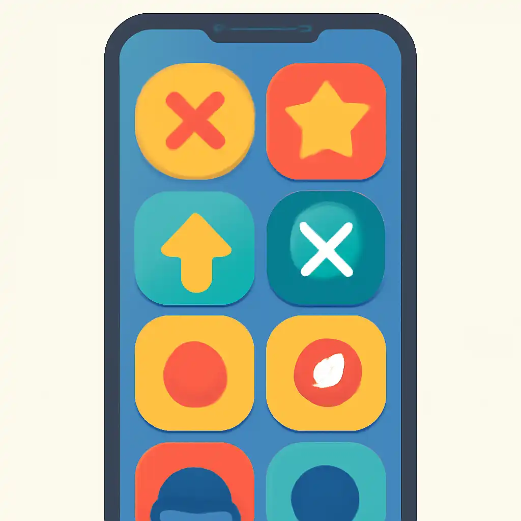 Smartphone shown from the front displaying a colourful flat layout of abstract game icons and rounded tiles, Multipliers