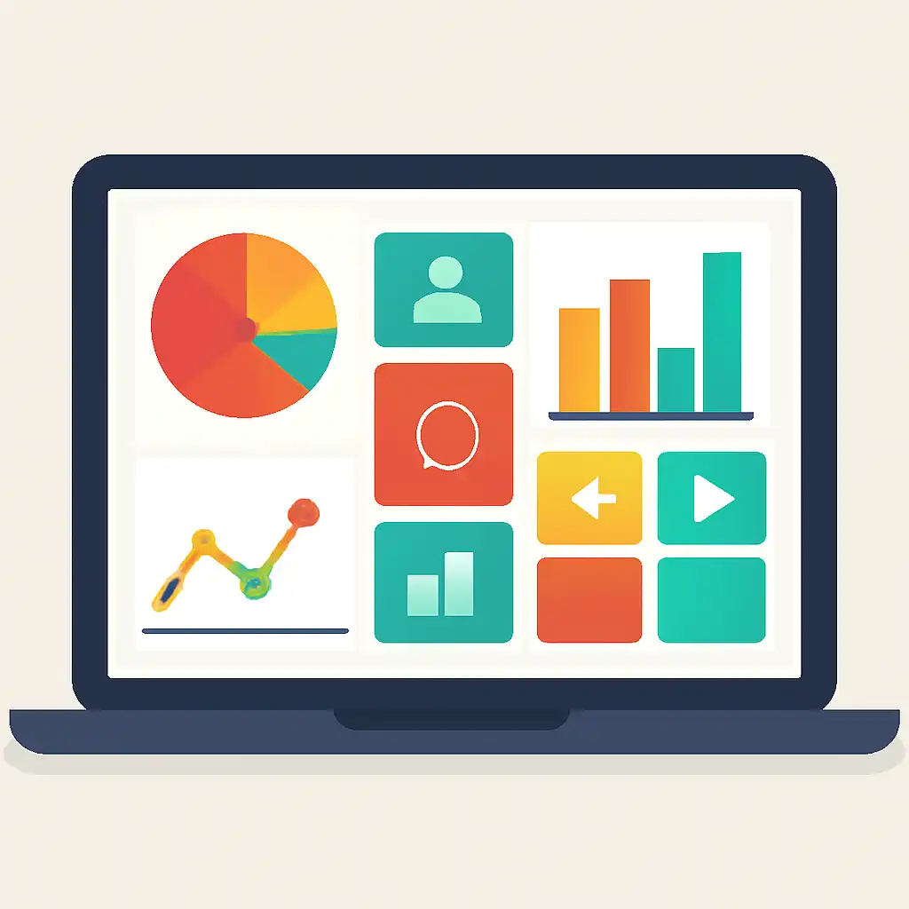 Laptop shown from the front displaying a colourful flat dashboard of abstract charts, bars and icon tiles, Multipliers and