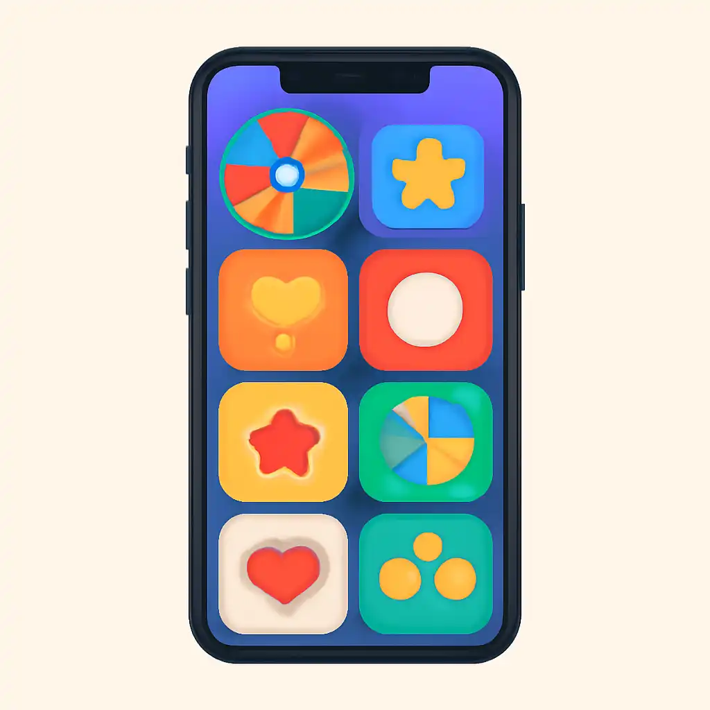 Smartphone shown from the front displaying a colourful flat layout of abstract game icons and rounded tiles, Tracking