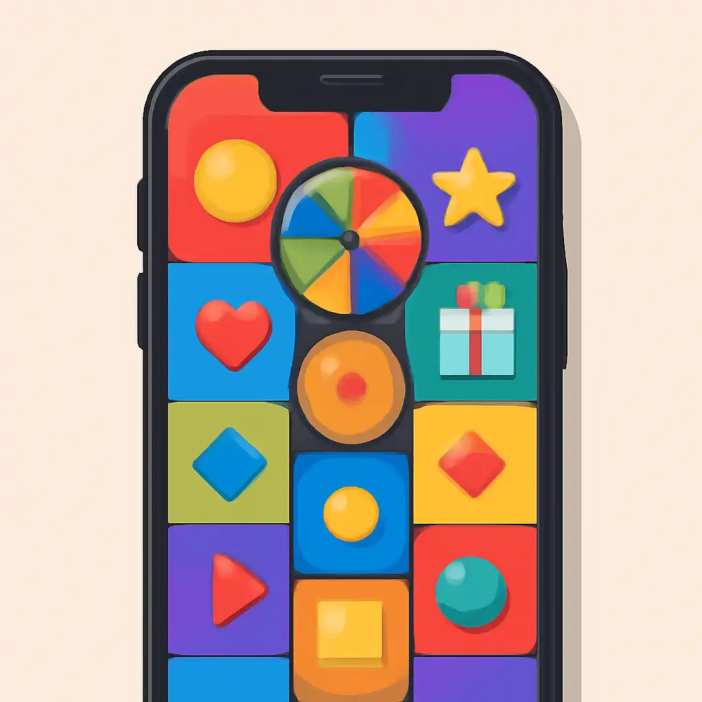 Smartphone shown from the front displaying a colourful flat layout of abstract game icons and rounded tiles, How the Wheel