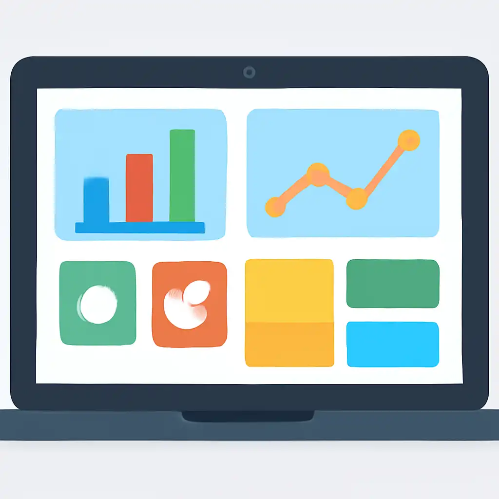 Laptop shown from the front displaying a colourful flat dashboard of abstract charts, bars and icon tiles, How the Wheel