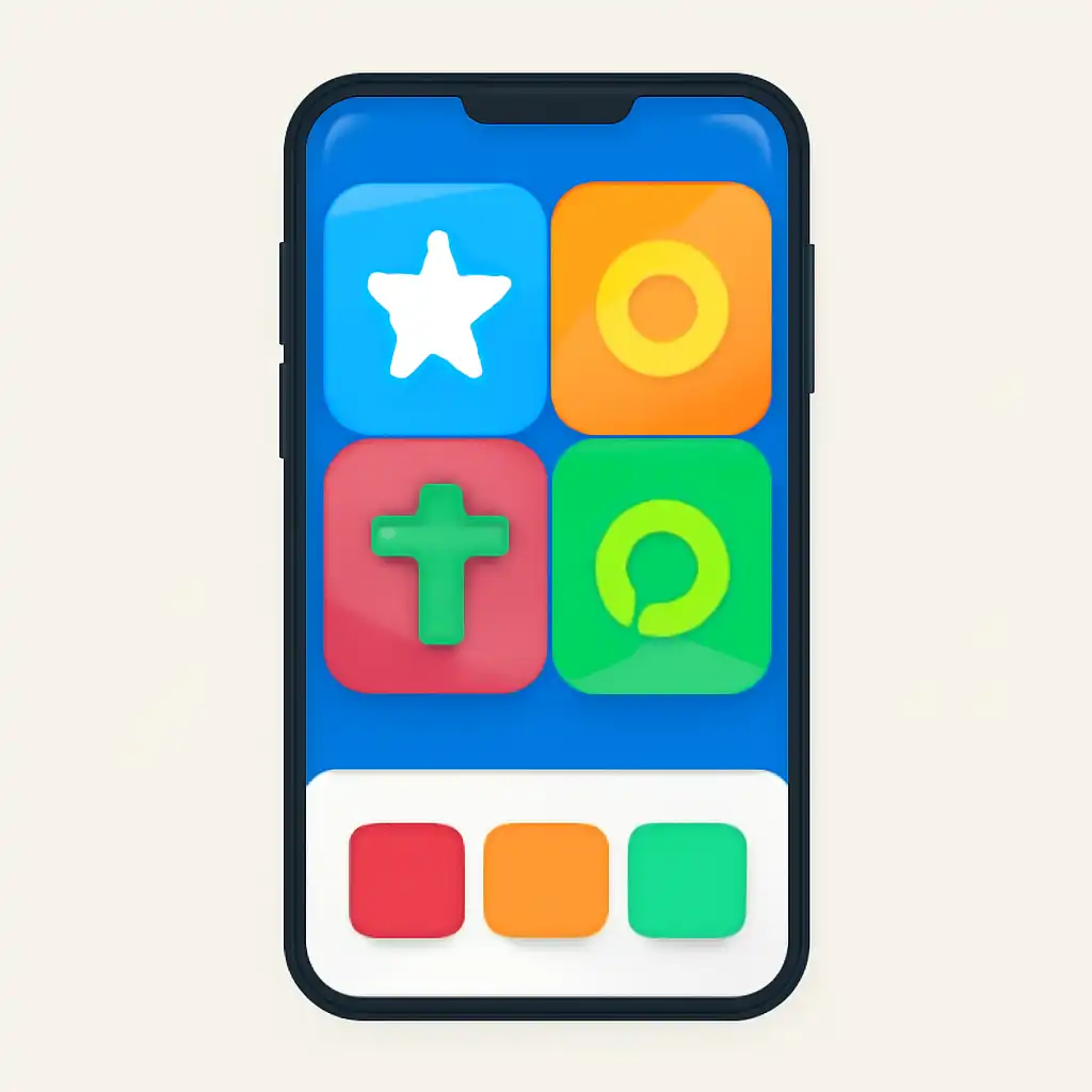 Smartphone shown from the front displaying a colourful flat layout of abstract game icons and rounded tiles, The Four Bonus