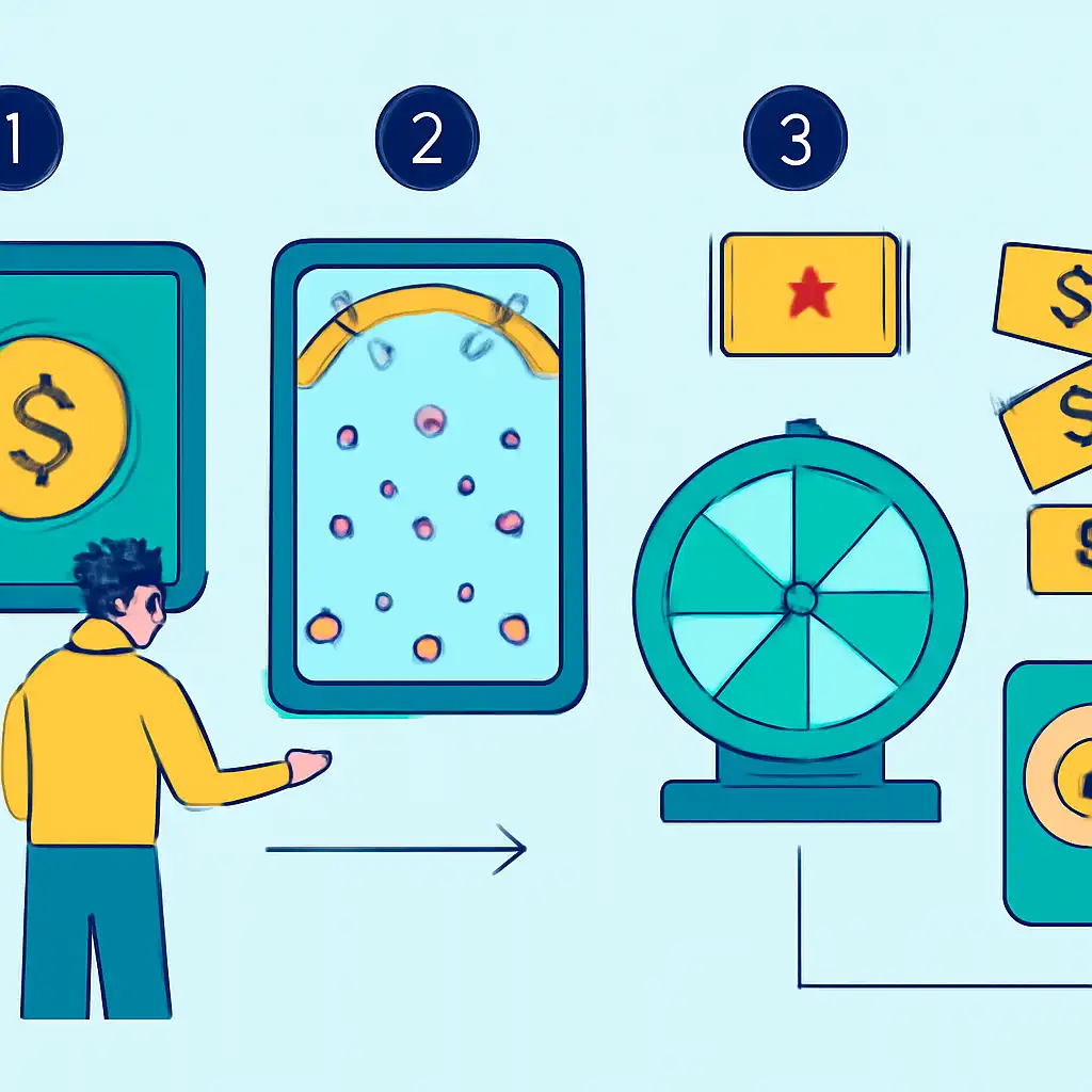 Annotated step diagram: cash hunt pachinko process with numbered callouts, Crazy Time